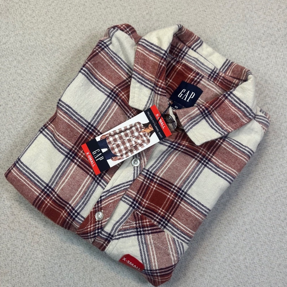 Gap Flannel Shirt Women XS Red Plaid Cotton Relaxed Fit Long Sleeve Boho Classic